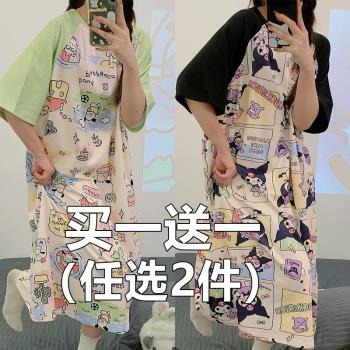 睡衣女夏天睡裙短袖純棉加肥加大碼80-200斤卡通寬松夏季孕婦長裙
