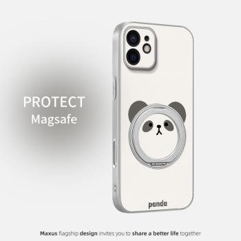 圓臉熊貓適用蘋果12手機殼12pro新款卡通12promax高階iPhone11磁吸支架13pro男女款14plus皮紋全包防摔保護套