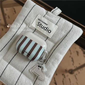 ins復古咖色條紋Airpodspro2耳機套狗狗掛件適用蘋果1/2代無線耳機保護套Airpods3代新款卡通AirPods4耳機殼