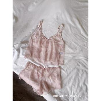 少女粉色性感蕾絲吊帶短褲睡衣女2024新款夏款純欲縷空家居服套裝
