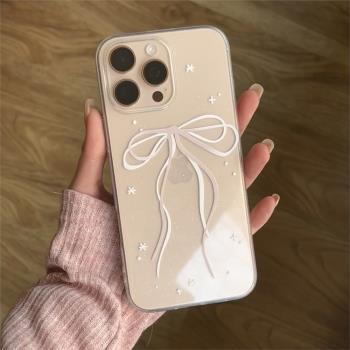 ins風粉白蝴蝶結適用蘋果16promax手機殼iPhone15Pro少女13p新款12可愛11潮閃粉14pm韓系15簡約16防摔保護殼