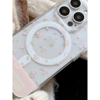 ins風春天粉色小花適用於iPhone15/16PROMAX/蘋果14PRO磁吸手機殼13透明
