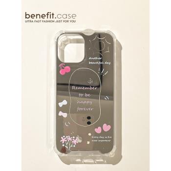 Benefit日韓ins簡約花愛心鏡面16適用15蘋果13promax手機殼iphone12四角防摔14promax新11xsmax高階x女8p矽膠