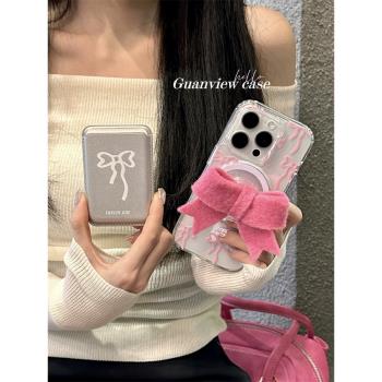 guanview ins小眾甜美可愛粉蝴蝶結磁吸卡包支架適用iPhone16ProMax蘋果15手機殼13透明全包12少女14防摔11軟