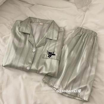 短袖短褲睡衣女夏季冰絲薄款條紋高階感網紅休閑模擬絲家居服套裝