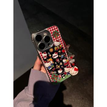 ins少女可愛卡通Kitty貓鏡面掛件適用蘋果15pro max手機殼iphone13全包鏡頭膜11女款12新款14promax網紅爆款