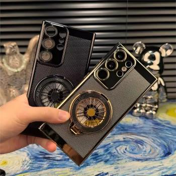 適用三星S24手機殼新款網格散熱殼S23Ultra高階感電鍍s24ultra超薄手機套s21plus全包男s22解壓陀螺支架外殼