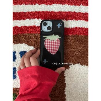 韓系ins時髦博主同款亞克力滴膠草莓黑邊手機殼適用iphone16pro蘋果15p/14/13/12手機殼保護套防摔復古風新款