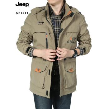 JEEP SPIRIT男裝夾克戶外休閑寬松大碼工裝多口袋中長款休閑外套