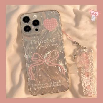 粉蝴蝶結鏈條適用於iPhone16手機殼蘋果15ProMax保護套14Plus矽膠13pro防摔12/11軟X/XR新款xsmax韓風8Plus女
