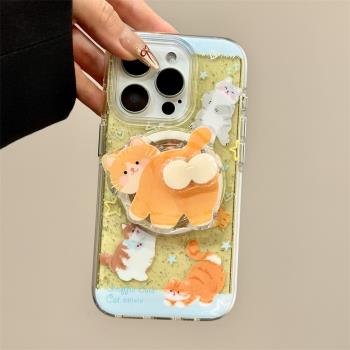 玩勝 趣味可愛撅屁股貓咪旋轉磁吸支架iphone16promax蘋果14手機殼15新款15pro女16亮片雙層13pm矽膠防摔軟殼