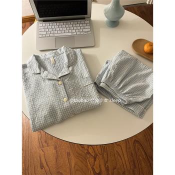 韓國ins格子睡衣女款夏季純棉小清新全棉休閑可外出家居服女夏天