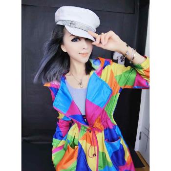 歐洲站2022新款彩色防曬衣女寬松連帽中長款洋氣風衣外套大碼潮衫