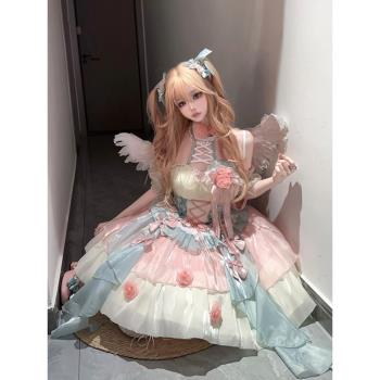 辣妹粉藍套裝Lolita掛脖連衣裙女洋裝花嫁成人禮在逃蓬蓬公主裙