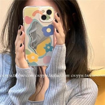 ins早春花朵補妝鏡面蘋果13promax手機殼12mini清新iphone11矽膠XR小眾xsmax新i6/7p/8plus創意防摔se2保護套