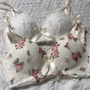 日系甜美刺繡蕾絲復古玫瑰花內衣女聚攏無鋼圈舒適文胸套裝