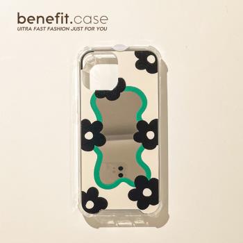 Benefit韓風ins小眾黑色花朵鏡面16適用15蘋果13promax手機殼iphone12軟殼14promax防摔11高階xr矽膠8plus女6