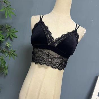 法式性感黑色蕾絲內衣薄款無鋼圈絲絨三角杯美背bralette文胸0320