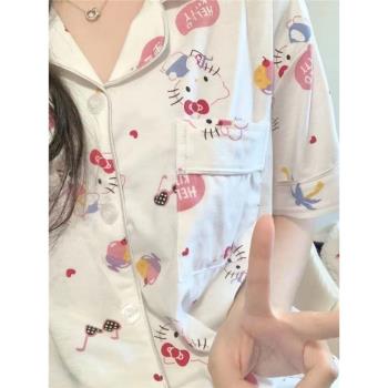 睡衣女夏季開衫短袖2023年新款夏款卡通貓咪ins風家居服學生套裝