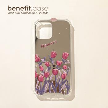 Benefit韓風ins粉色鬱金香鏡面16適用15蘋果13promax手機殼新iphone12軟殼14promax11xsmax四角防摔x矽膠8p女