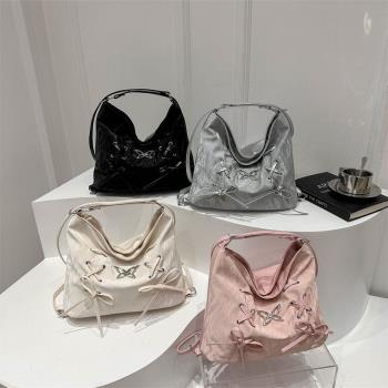 跨境可愛蝴蝶結托特包2024夏季新款褶皺大容量兩用包通勤斜挎揹包