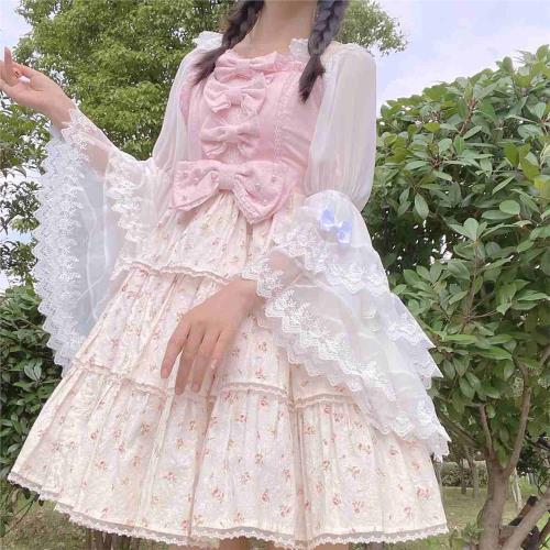 春夏日系軟妹甜美Lolita喇叭袖大姬袖蕾絲JK洋裝內搭上衣打底衫女