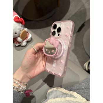 可愛卡通kitty貓頭像蝴蝶結磁吸支架適用iphone16promax手機殼蘋果iPhone15新款16/15Pro防摔14pro保護殼13女