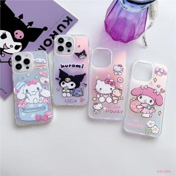 可愛kt貓庫洛米適用iPhone15pro玉桂狗16promax手機殼11全包12防摔13蘋果14Pro卡通鐳射美樂蒂保護套