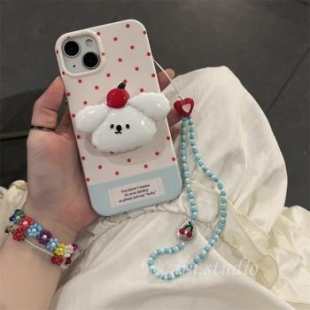 ins韓風小狗支架適用蘋果14PRO/12手機殼14pm/13mini新款xs max創意iPhone 11全包XR/65波點掛繩8plus矽膠SE3