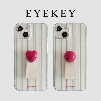 eyekey 韓妹ins簡約小眾綠條紋指環皮質環扣適用蘋果16ProMax手機殼iPhone13全包15新款12軟14Promax保護套14