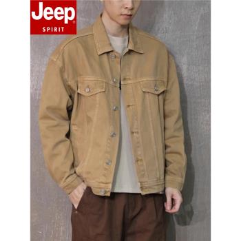 JEEP SPIRIT吉普春秋牛仔外套男士寬松復古棉布工裝休閑夾克上衣