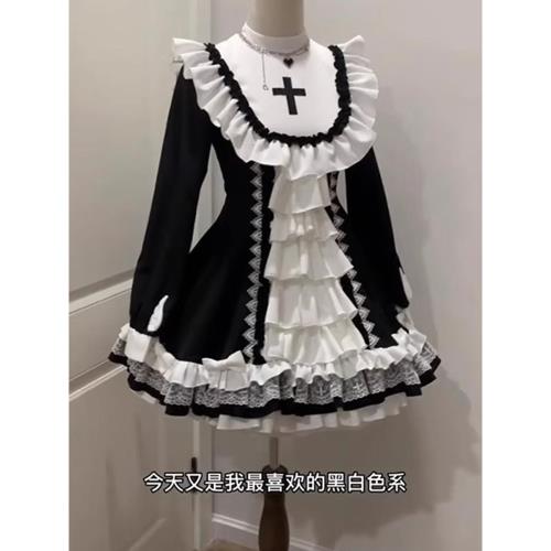 黑白哥特修女風lolita狗短連衣裙洋裝洛麗塔甜酷蓬蓬公主裙日常