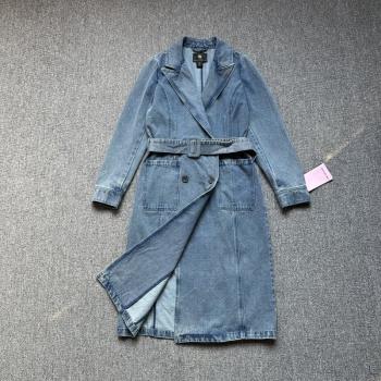 出口單 長款過膝牛仔風衣女水洗棉西裝領系帶顯瘦單層春秋外套