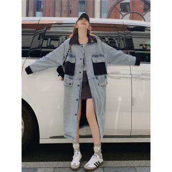 牛仔風衣外套女2025春秋新款設計感撞色口袋寬松過膝長款工裝大衣