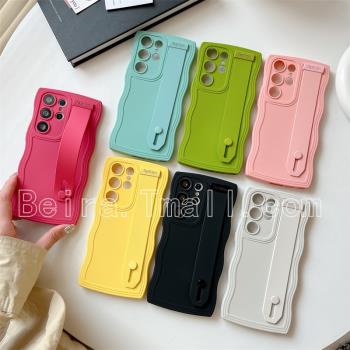 腕帶支架手機殼適用三星S24ultra純色矽膠samsung S21fe軟殼note10+保護套A73 A53 A33女款A54 14防摔A32 22