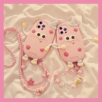 適用蘋果15手機殼iPhone13立體14promax乳酪12mini小人11可x斜挎8plus背帶xr可背7草莓xsmax七6s八se2粉色se3