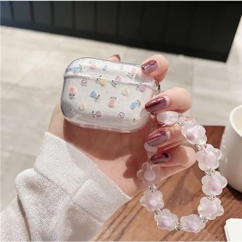 閃粉鬱金香適用AirPodsPro2保護套蘋果AirPods3代無線藍牙耳機殼AirPods1代全包防摔2022款耳機盒鏈條二代女