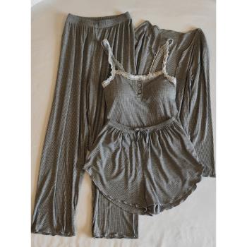 莫代爾睡衣女夏季性感純欲帶胸墊春秋款吊帶長褲可外穿家居服套裝