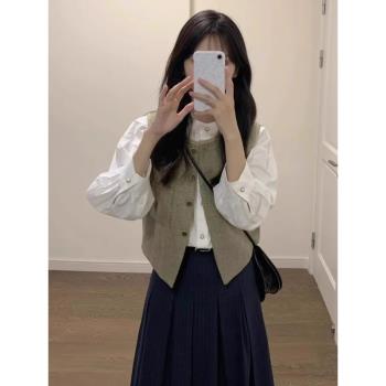 2024春季新款女裝套裝韓劇穿搭小洋裝復古學院風法式襯衫三件套女