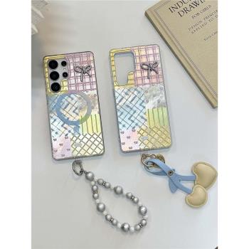 創意磁吸亞克力拼接格紋蝴蝶結適用於三星GalaxyS25Ultra手機殼S24/S24FE可愛S23+/23plus全包S22Ultra保護套