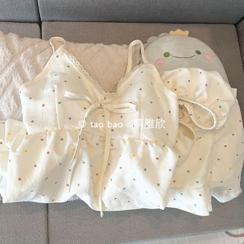 帶胸墊彩色波點睡衣女夏季云朵棉吊帶短褲套裝少女性感花邊家居服