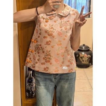 新中式唐裝中國風女裝印花立領馬甲上衣高階感小洋裝盤扣背心開衫