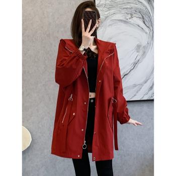 春秋外套女2025新款韓版學生寬松大碼遮肉顯瘦連帽休閑中長款風衣