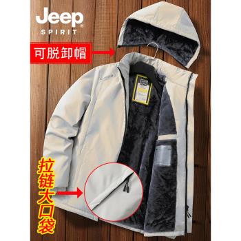JEEP吉普冬季防風沖鋒衣男連帽潮牌工裝夾克棉衣加絨加厚保暖外套