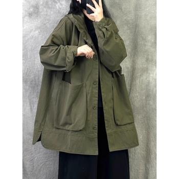 復古高級感連帽風衣外套女春季胖MM小個子洗水棉純色工裝大衣開衫
