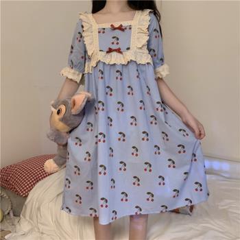 睡裙女夏季2025年新款純棉薄款網紅短袖少女蕾絲寬松大碼睡衣春夏