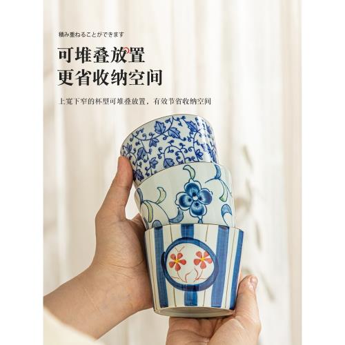 主人杯青花瓷日式陶瓷茶杯帶蓋茶碗復古咖啡杯喝茶小杯子豬口杯|茶杯
