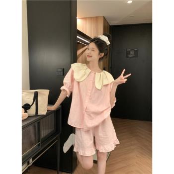大翻領花苞可愛少女提花純色簡約睡衣女款夏季短袖學生家居服套裝
