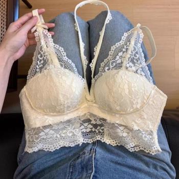 法式蕾絲小胸聚攏顯胸大內衣女無鋼圈掛脖純欲性感美背內搭文胸罩