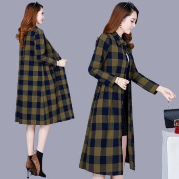 格子風衣女中長款春秋2024新款韓版流行洋氣襯衫領過膝長袖外套潮